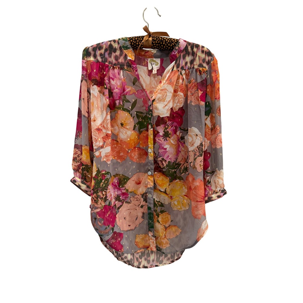 Fig and Flower Womens Floral Leopard Print Chiffon Blouse Gold Foil Dot Small
